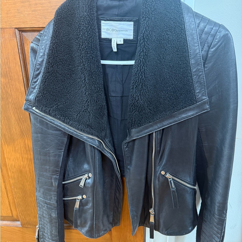 Bcbgeneration Dark Leather Jacket With Plush Coll… - image 1